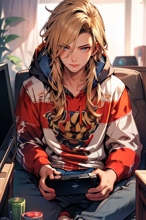 niji,1boy,gaming,hoodie,console,screen,(masterpiece,detailed,best quality,detailed face,detailed eyes,HD)