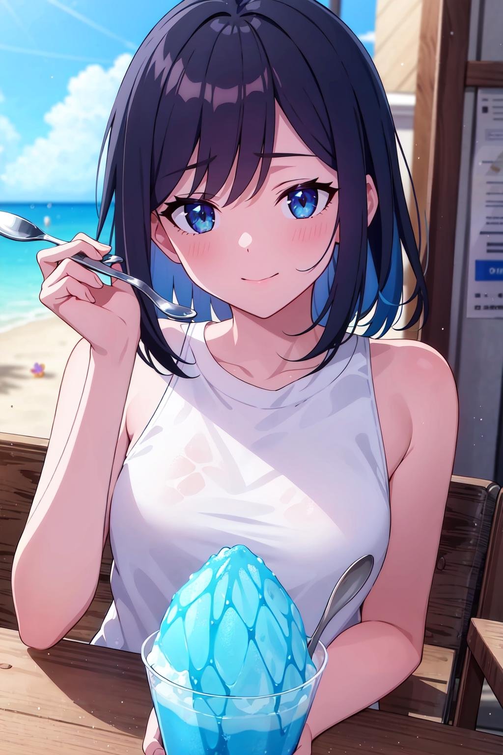 (best quality,masterpiece:1.3), 1girl, holding ,blue shaved ice, summer, sleeveless, white shirt,spoon,looking at viewer, 