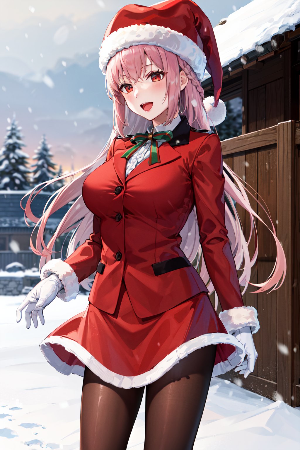 masterpiece, best quality, highres, ddfng, long hair, braid, large breasts, santa hat, red headwear, pantyhose, santa costume, fur trim, white gloves, red skirt, pantyhose, <lora:florence_nightingale_v1:0.7>, outdoors, snow, standing, smile, open mouth, 