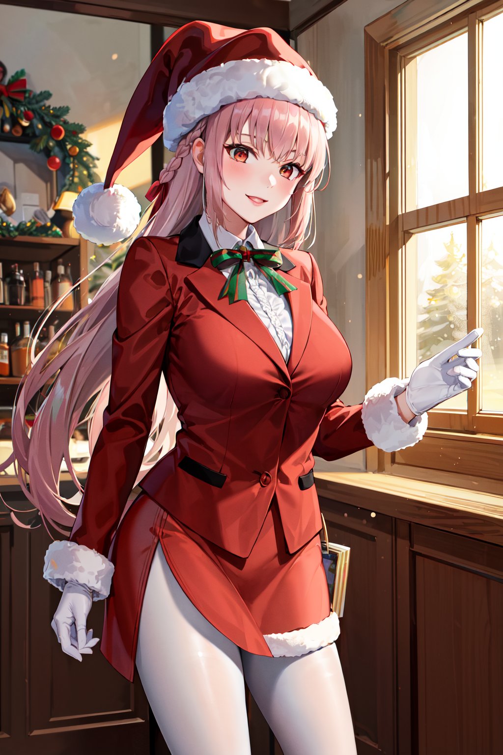 masterpiece, best quality, highres, ddfng, long hair, braid, large breasts, santa hat, red headwear, pantyhose, santa costume, fur trim, white gloves, red skirt, pantyhose, <lora:florence_nightingale_v1:0.7>, standing, cowboy shot, smile, indoors, christmas, 