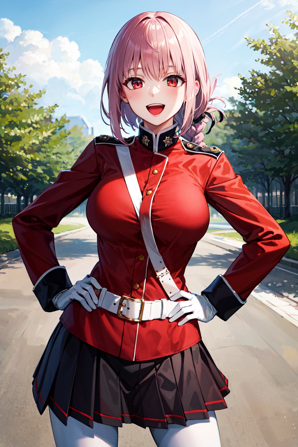 masterpiece, best quality, highres, aafng, braid, large breasts, military uniform, red jacket, strap between breasts, white gloves, belt, pleated skirt, black skirt, white pantyhose, <lora:florence_nightingale_v1:0.7>, cowboy shot, standing, outdoors, hand on hip, smile, open mouth, 