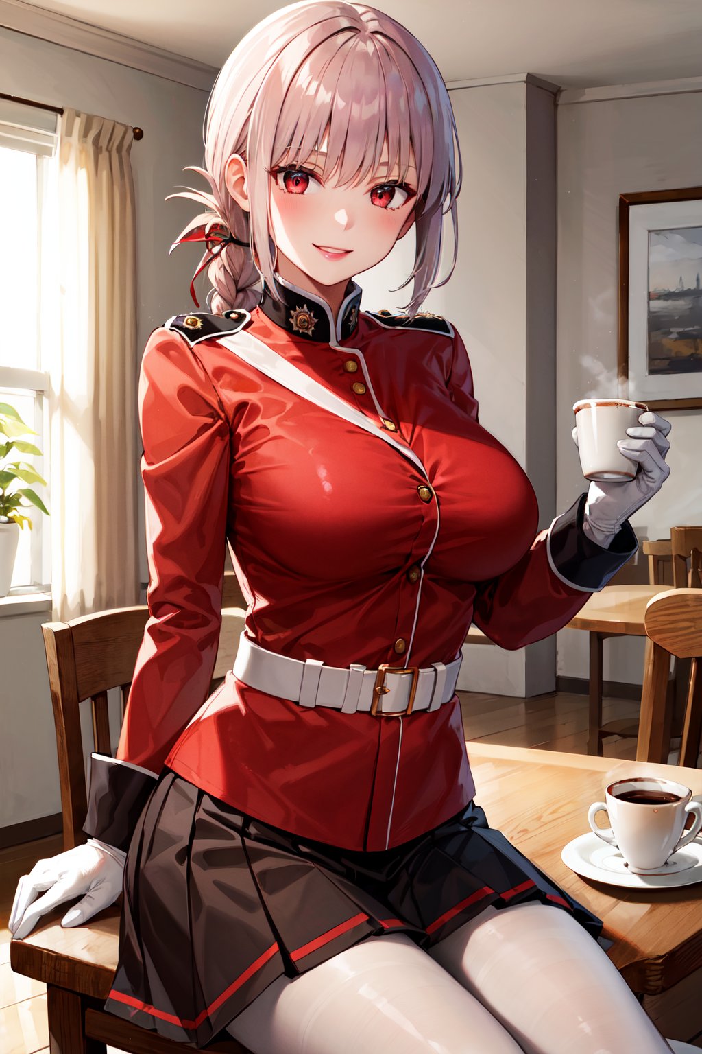 masterpiece, best quality, highres, aafng, braid, large breasts, military uniform, red jacket, strap between breasts, white gloves, belt, pleated skirt, black skirt, white pantyhose, <lora:florence_nightingale_v1:0.7>, sitting, indoors, table, coffee, sunlight, smile, chair