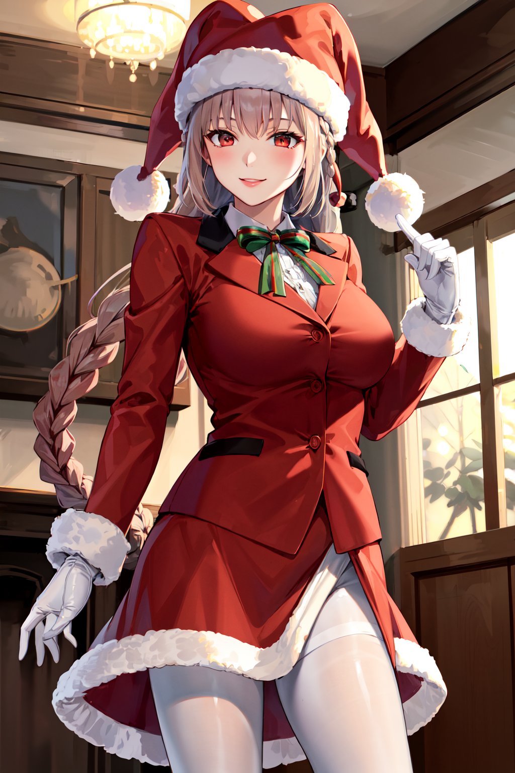 masterpiece, best quality, highres, ddfng, long hair, braid, large breasts, santa hat, red headwear, pantyhose, santa costume, fur trim, white gloves, red skirt, brown pantyhose, <lora:florence_nightingale_v1:0.7>, standing, cowboy shot, smile, indoors, christmas, 