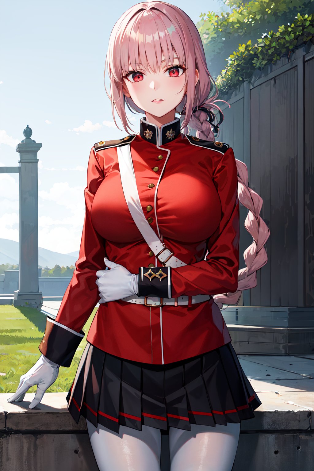 masterpiece, best quality, highres, aafng, braid, large breasts, military uniform, red jacket, strap between breasts, white gloves, belt, pleated skirt, black skirt, white pantyhose, <lora:florence_nightingale_v1:0.7>, cowboy shot, standing, outdoors, looking at viewer, arms at sides, straight-on, 