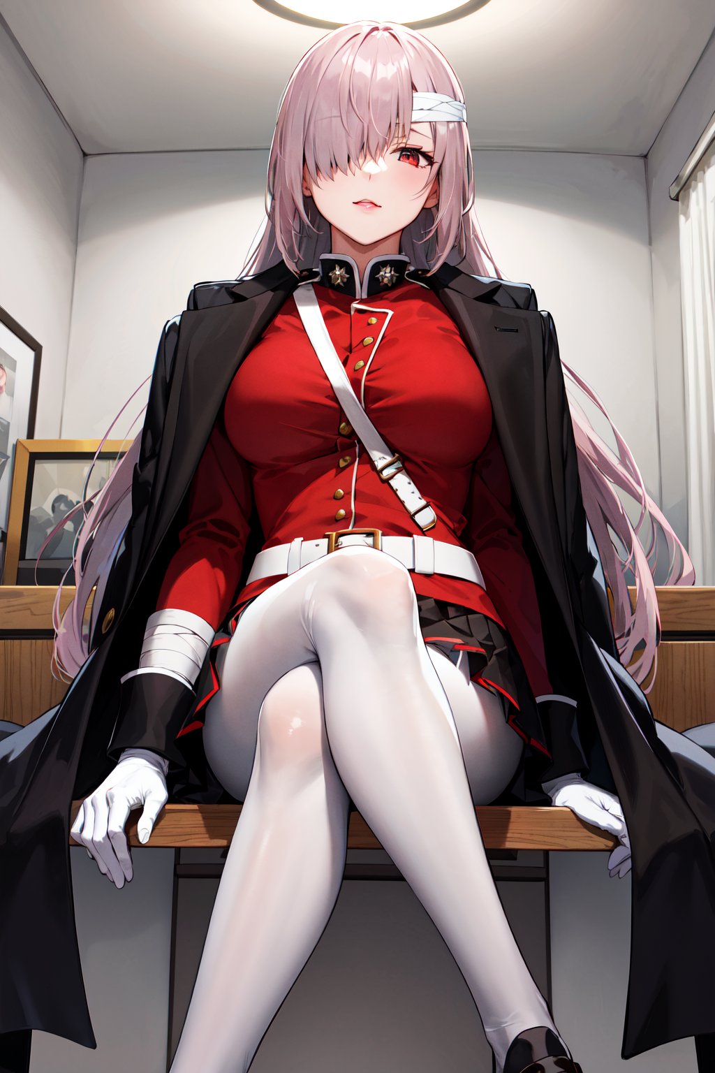 masterpiece, best quality, highres, bbfng, long hair, large breasts, bandage over one eye, black coat, coat on shoulders, military uniform, red jacket, long sleeves, white gloves, belt, pleated skirt, black skirt, white pantyhose, <lora:florence_nightingale_v1:0.7>, sitting, chair, indoors