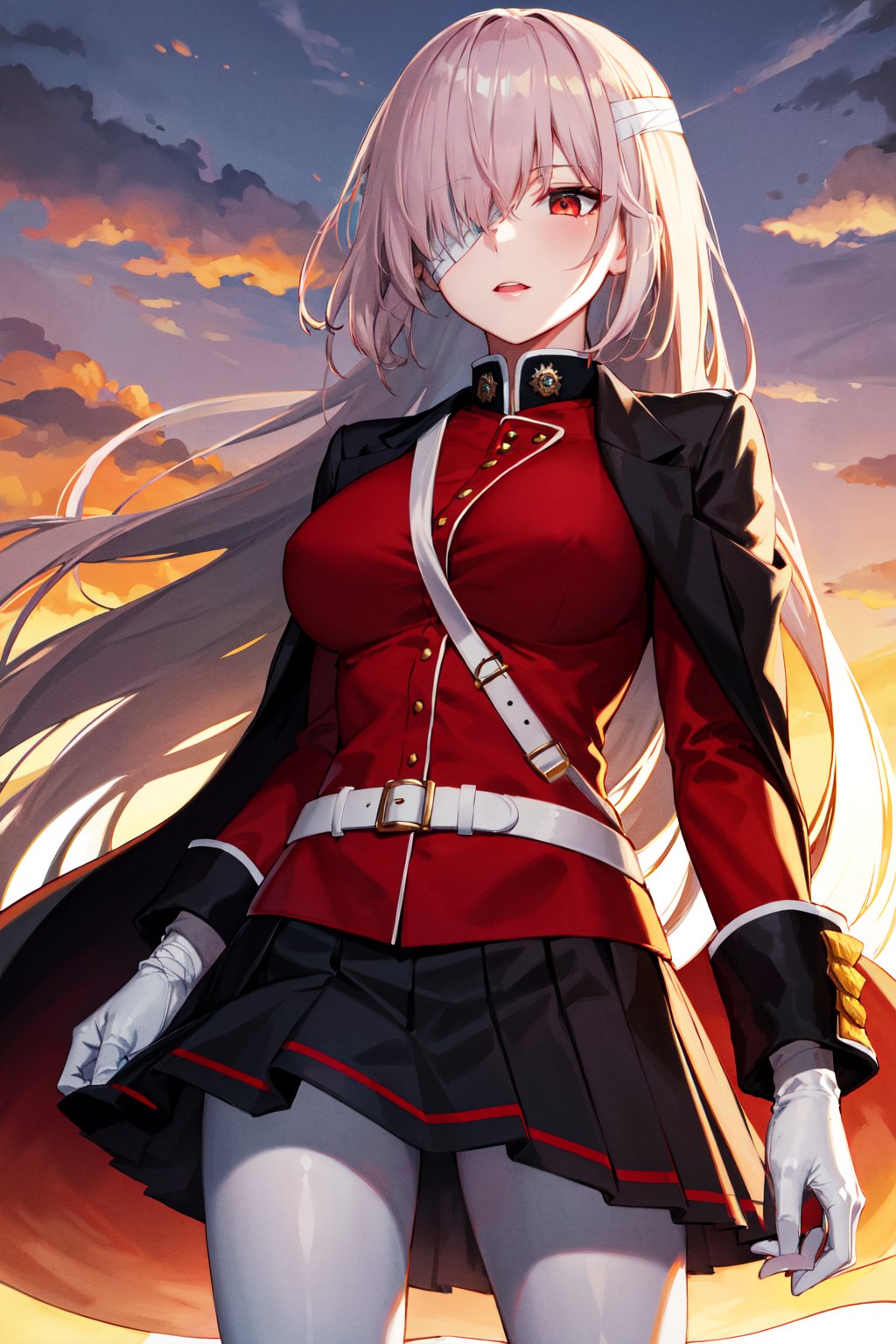 masterpiece, best quality, highres, bbfng, long hair, large breasts, bandage over one eye, black coat, coat on shoulders, military uniform, red jacket, long sleeves, white gloves, belt, pleated skirt, black skirt, white pantyhose, <lora:florence_nightingale_v1:0.7>, cowboy shot, sunset, standing