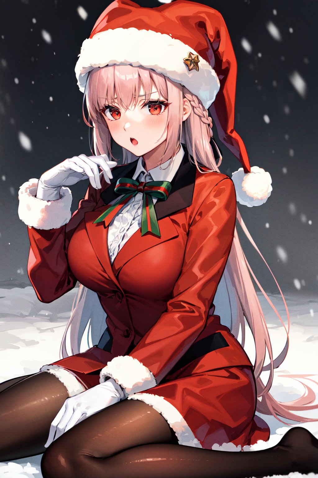 masterpiece, best quality, highres, ddfng, long hair, braid, large breasts, santa hat, red headwear, pantyhose, santa costume, fur trim, white gloves, red skirt, pantyhose, <lora:florence_nightingale_v1:0.7>, warza, snow, :o, frown, sitting,