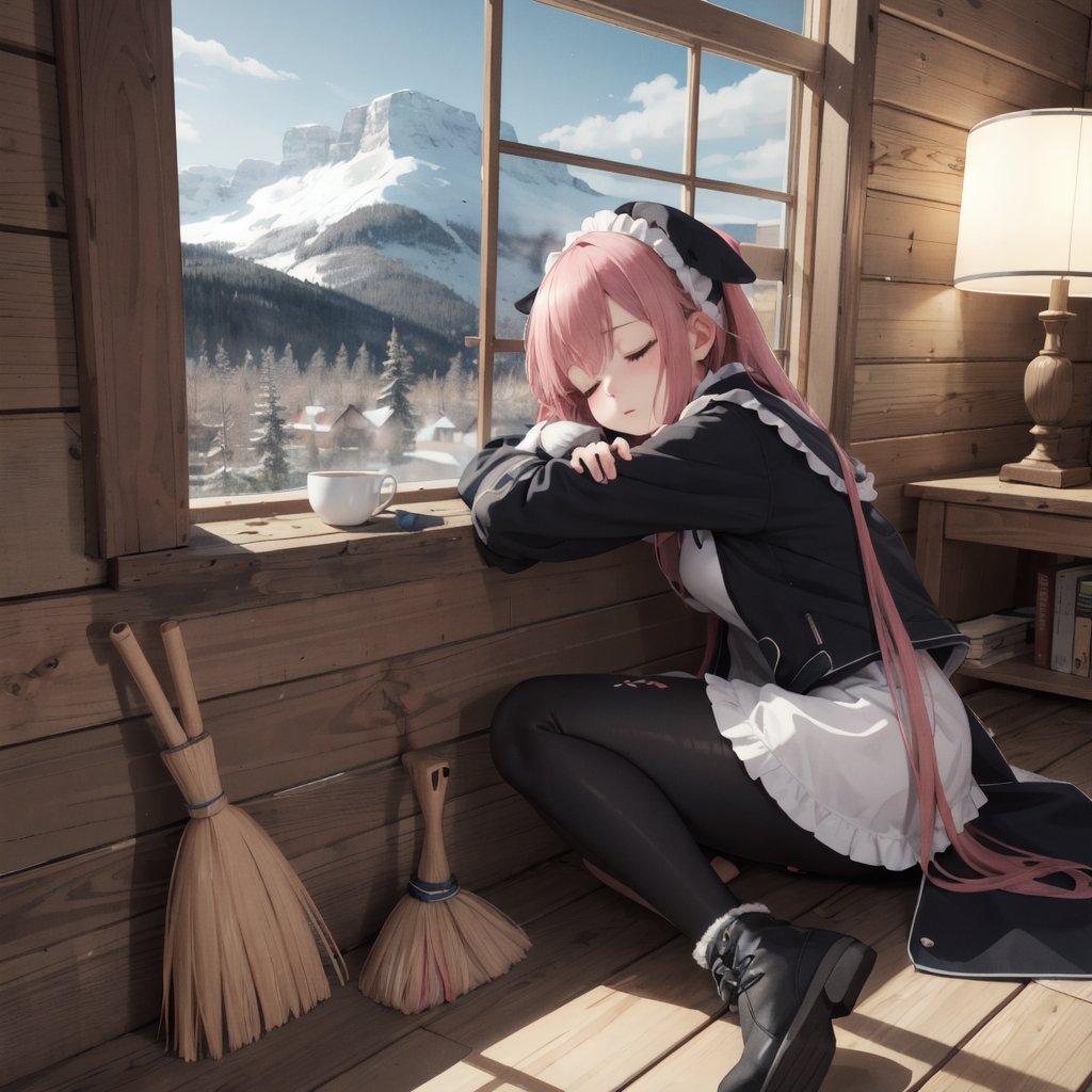 best quality, highly detailed, detailed background, full body, long hair, pink hair, dark maid outfit, leggings, holding broom, (sleepy:1.2), tired, leaning, choker, winter jacket, indoors, cabin, window, snowy mountain, low-angle view