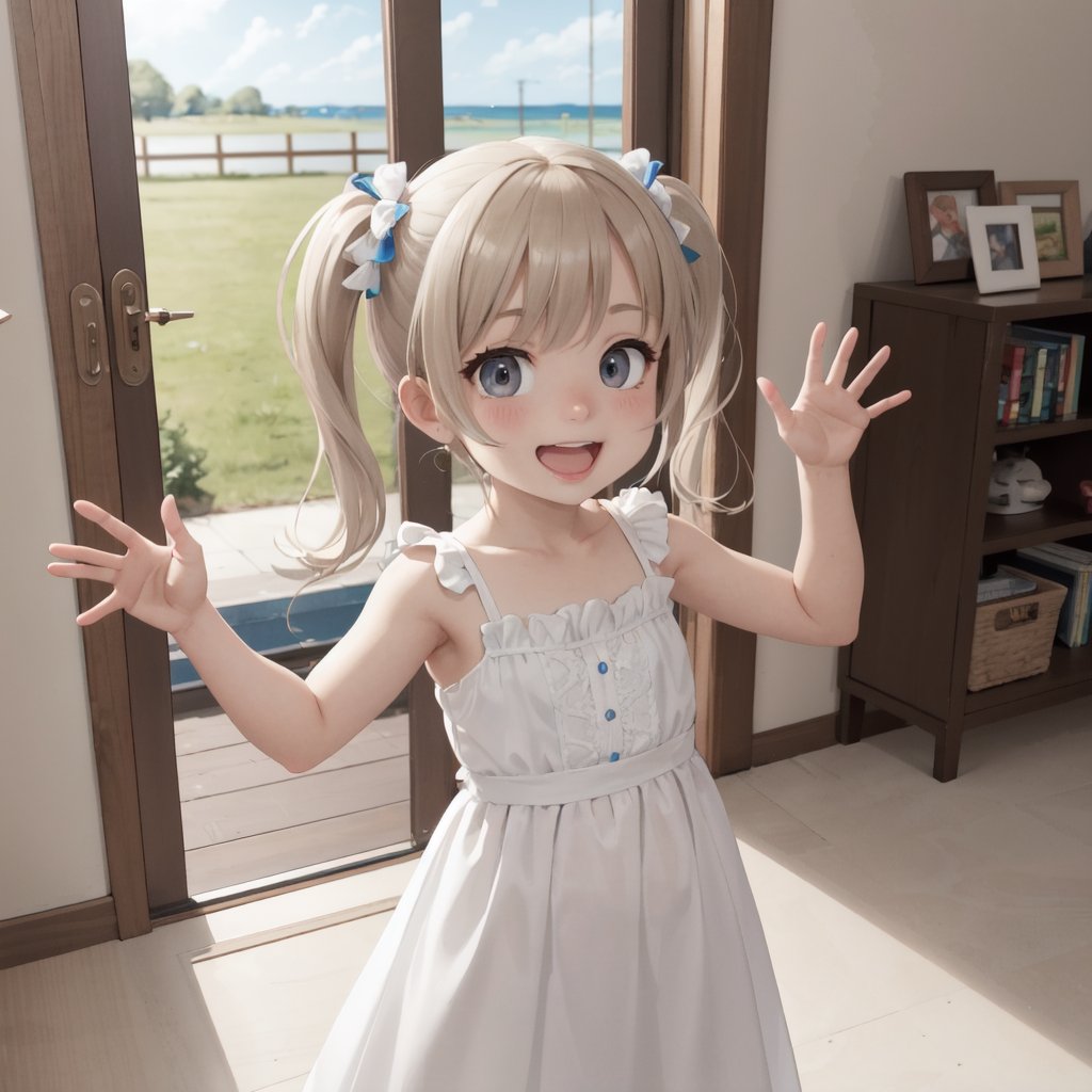 best quality, highly detailed, detailed background, female, little girl, pigtails, long hair, long dress, excited, jumping, hand up, cheerful, food, indoors, windows, bright, lens flair