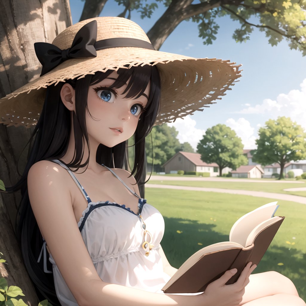 best quality, highly detailed, detailed background, female, girl, black hair, long hair, summer hat, looking away, reading book, outdoors, tree, sunshine, low-angle view, 