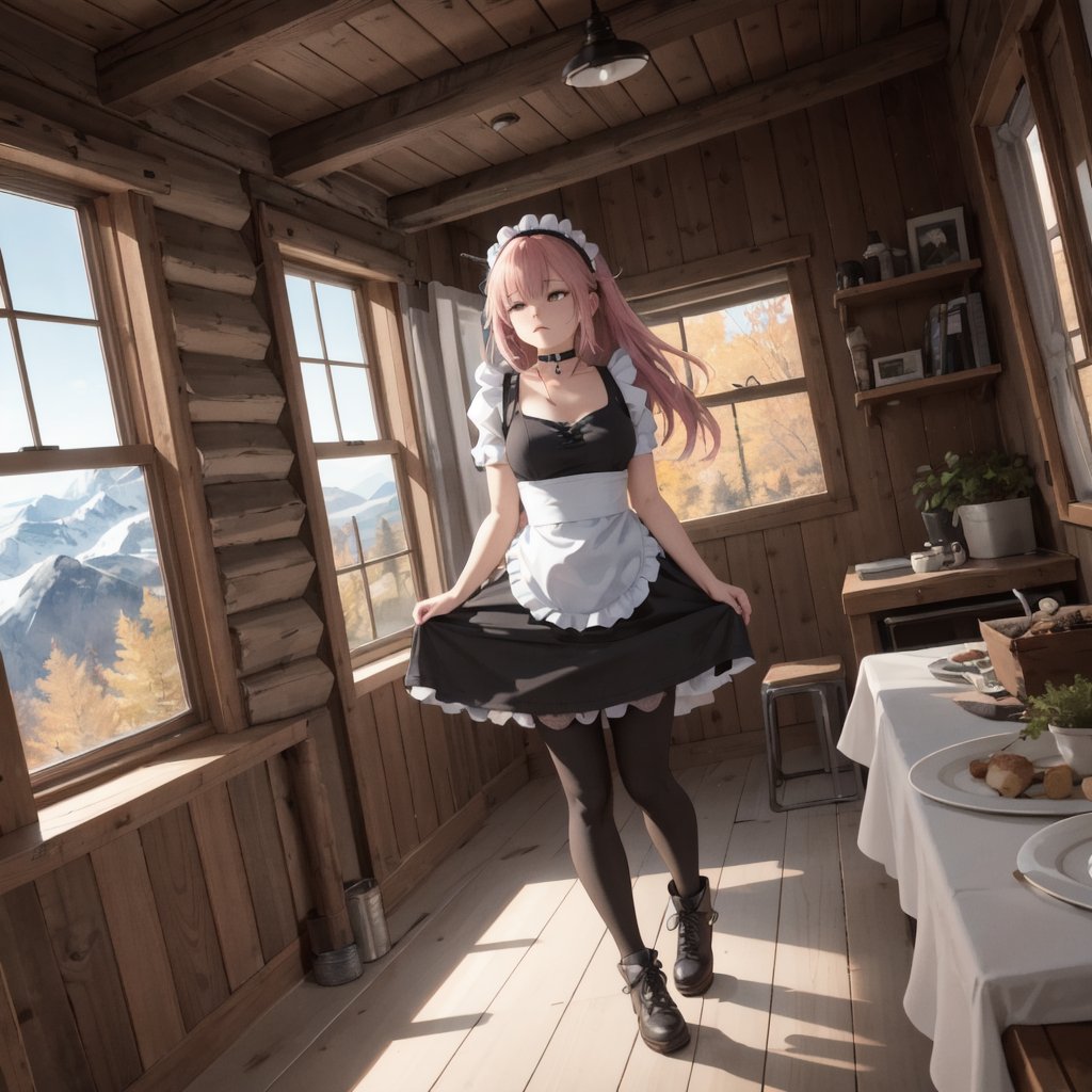 best quality, highly detailed, detailed background, full body, long hair, pink hair, dark (maid outfit:1.1), (winter jacket:0.9), leggings, tired, choker, indoors, cabin, window, winter mountain, low-angle view