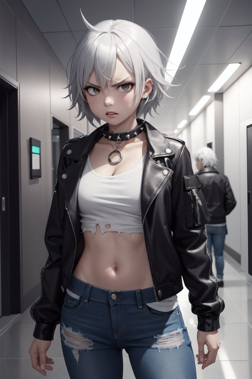 best quality, highly detailed, detailed background, female, girl, silver hair, spiky hair, angry, upset, mouth closed, punk rocker, spiked collar, jeans, torn shirt, jacket, neon lights, cyberpunk, hallway, dark, high contrast