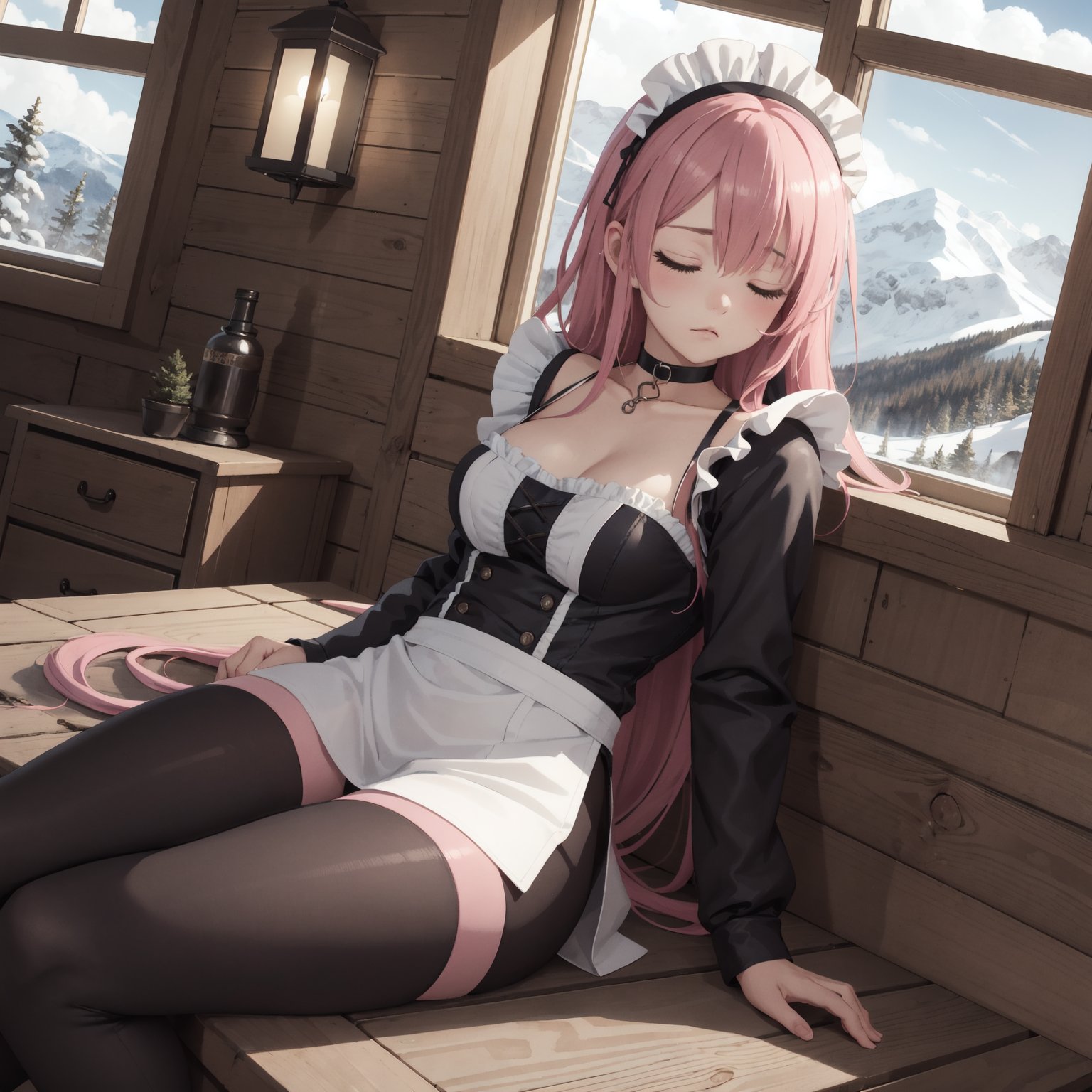 best quality, highly detailed, detailed background, full body, long hair, pink hair, dark (maid outfit:1.1), (winter jacket:0.9), leggings, (sleepy:1.2), tired, leaning, choker, indoors, cabin, window, winter mountain, low-angle view