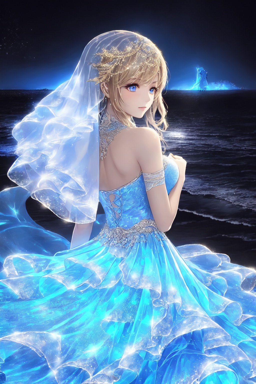  Best quality, 8k, cg,Blue Dress,Luminescence,1girl,Glow Wedding Dress