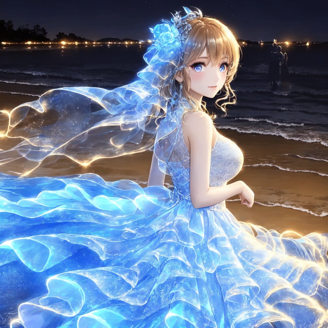  Best quality, 8k, cg,Blue Dress,Luminescence,1girl,Glow Wedding Dress