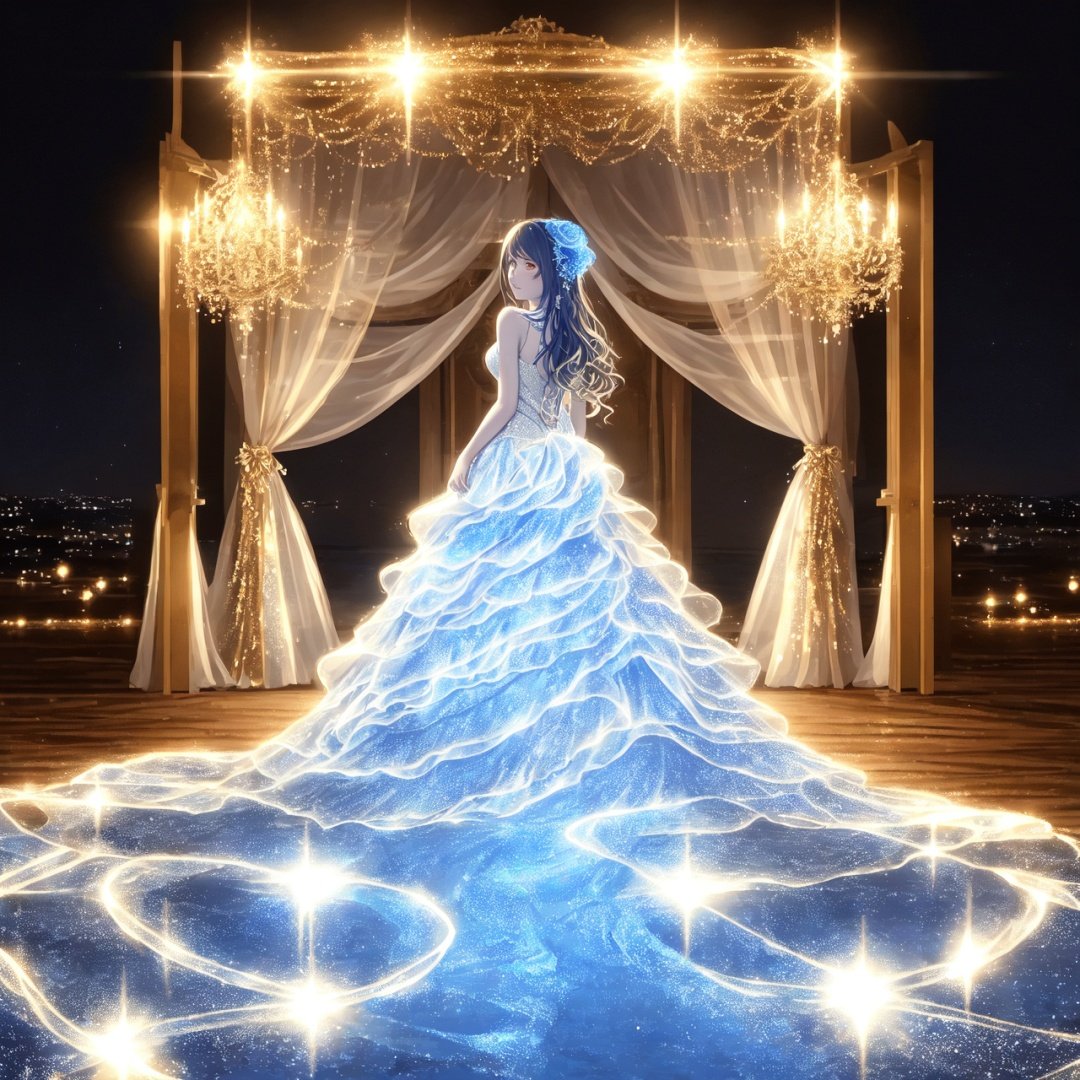  Best quality, 8k, cg,Blue Dress,Luminescence,1girl,Glow Wedding Dress