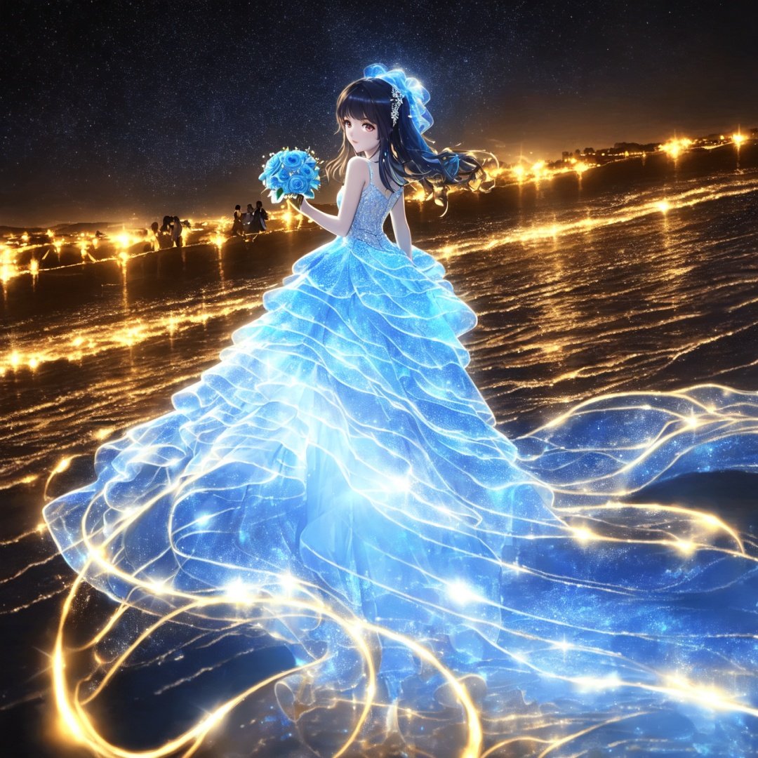  Best quality, 8k, cg,Blue Dress,Luminescence,1girl,Glow Wedding Dress