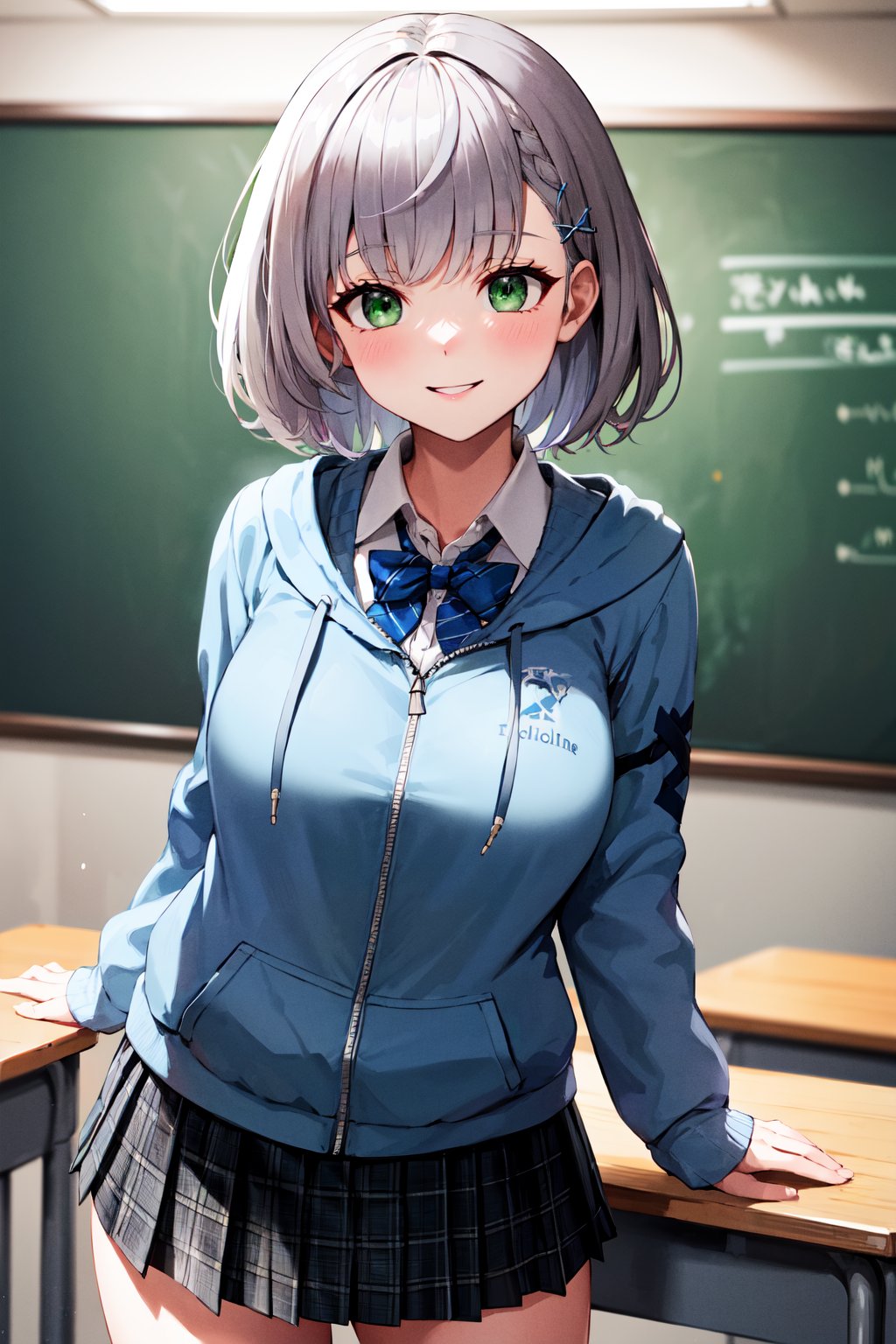 masterpiece, best quality, highres, ffnoel, short hair, x hair ornament, green eyes, blue bowtie, hoodie, blue jacket, long sleeves, sleeves past wrists, collared shirt, black skirt, plaid skirt, pleated skirt, miniskirt, <lora:shirogane_noel_v1:0.8>, standing, cowboy shot, smile, arms at sides, straight-on, classroom