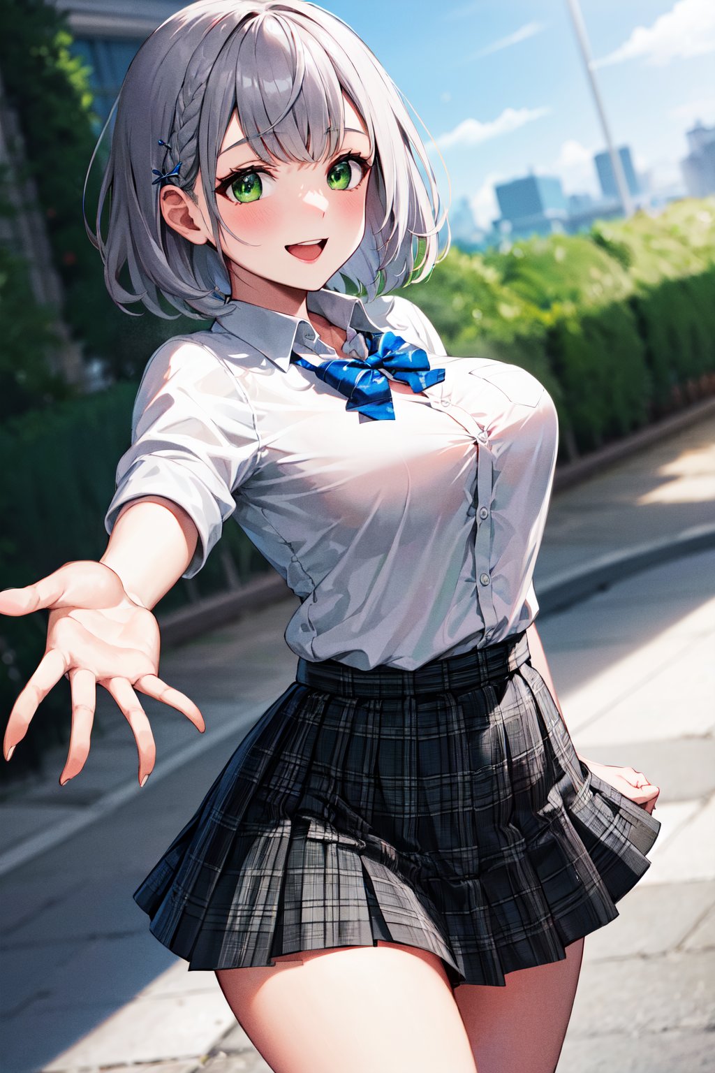 masterpiece, best quality, highres, ffnoel, short hair, x hair ornament, green eyes, blue bowtie, white shirt, collared shirt, black skirt, plaid skirt, pleated skirt, miniskirt, <lora:shirogane_noel_v1:0.8>, outstretched arm, reaching out, outdoors, smile  open mouth, 