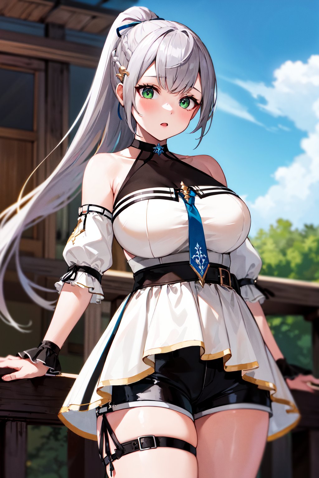 masterpiece, best quality, highres, eenoel, long hair, ponytail, hair ornament, hair ribbon, greeen eyes, halterneck, see-through, blue necktie, black shorts, bare shoulders, white dress, detached sleeves, thigh strap, <lora:shirogane_noel_v1:0.8>, standing, cowboy shot, outdoors