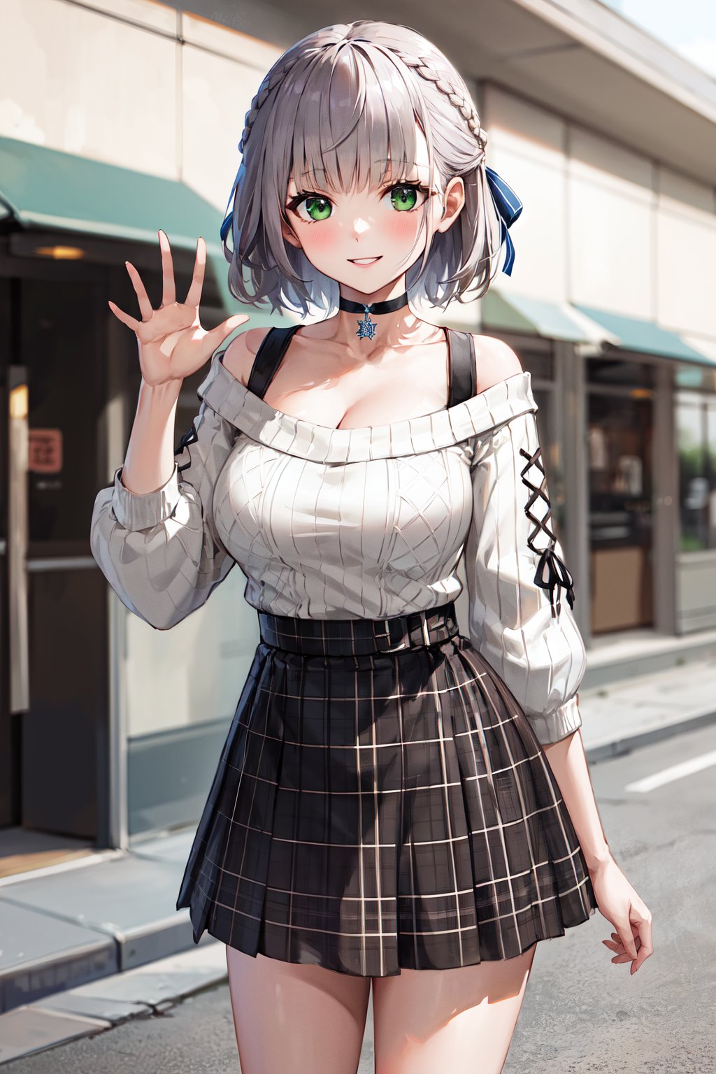 masterpiece, best quality, highres, ccnoel, short hair, french braid, hair ribbon, green eyes, black choker, collarbone, cleavage, off-shoulder sweater, white sweater, plaid skirt, <lora:shirogane_noel_v1:0.8>, street, cowboy shot, standing, waving, smile