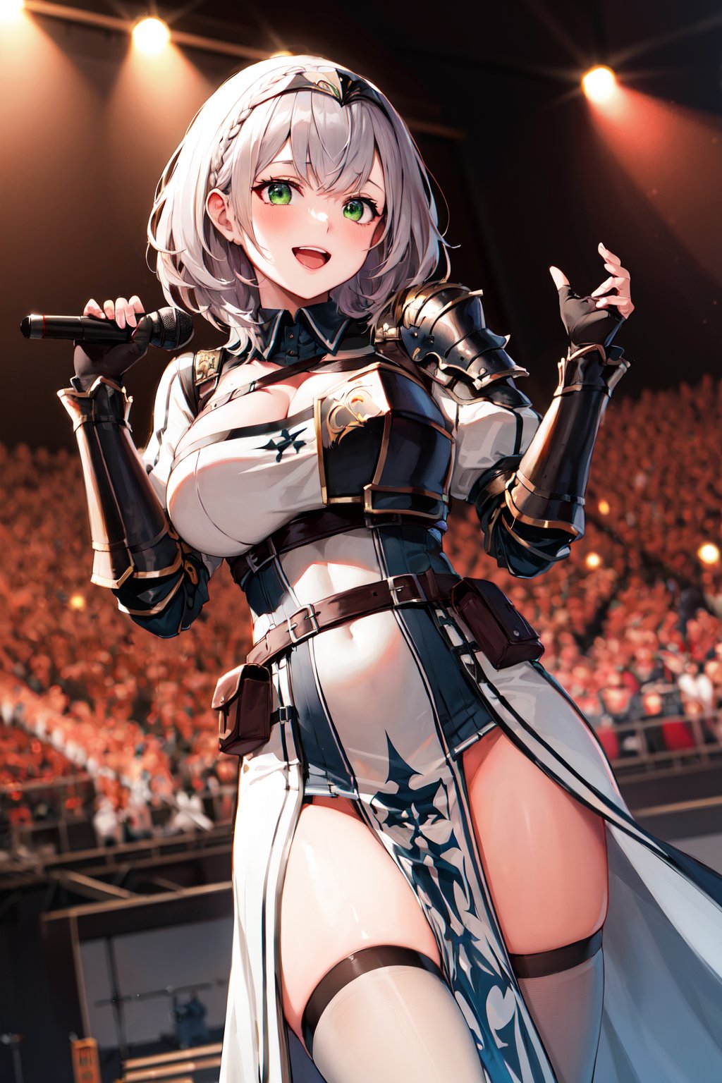 masterpiece, best quality, highres, aanoel, medium hair, green eyes, hairband, blue collar, shoulder armor, cleavage, mole on breast, armored dress, chest belt, gold trim, fingerless gloves, black gloves, brown belt, pouch, pelvic curtain, black thighhighs, <lora:shirogane_noel_v1:0.8>, cowboy shot, standing, stage, holding microphone, open mouth, smile