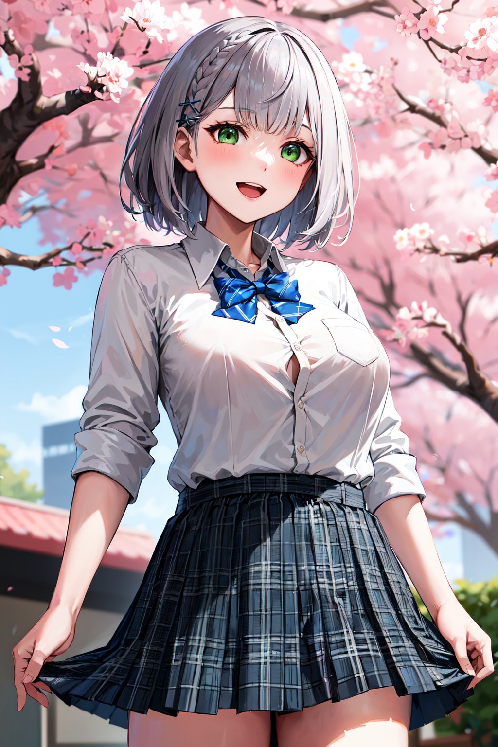 masterpiece, best quality, highres, ffnoel, short hair, x hair ornament, green eyes, blue bowtie, white shirt, collared shirt, black skirt, plaid skirt, pleated skirt, miniskirt, <lora:shirogane_noel_v1:0.8>, smile, outdoors, cherry blossoms, standing, cowboy shot, open mouth,