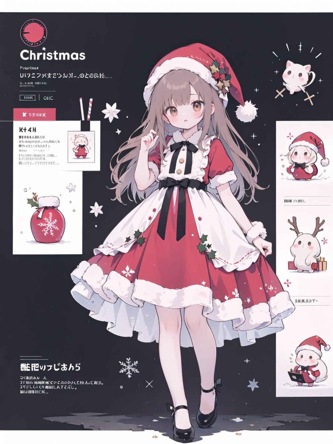  masterpiece, 1girl, huge filesize,wallpaper,artbook, brown hair, brown eyes, christmas hat, (full body:1.1), colorful,