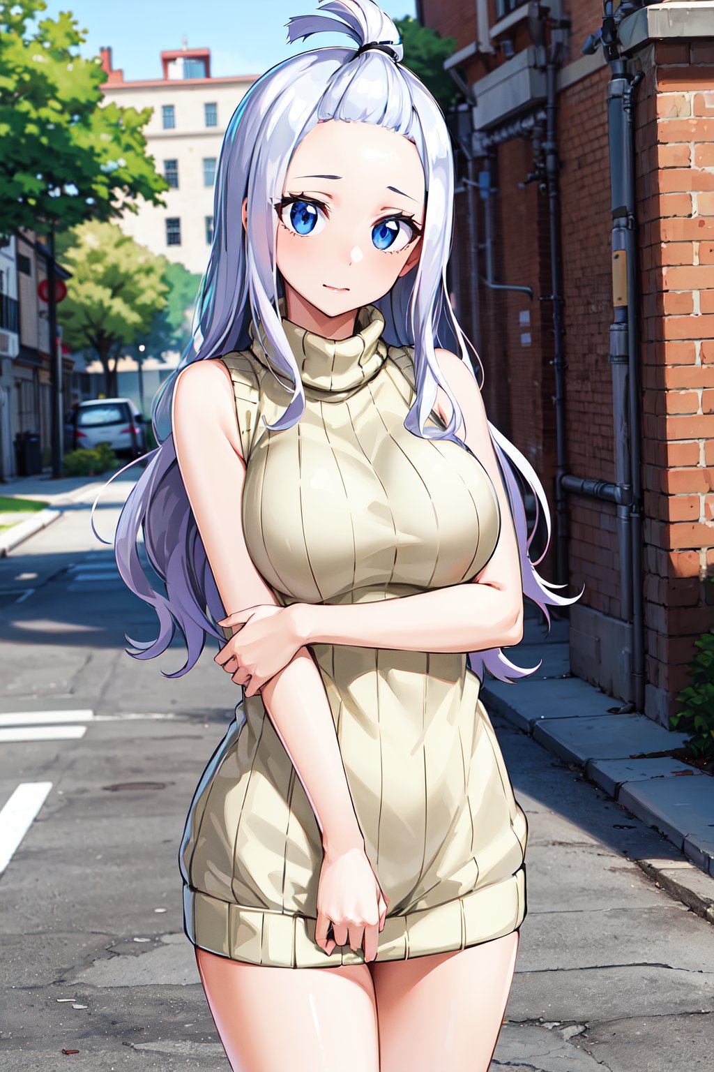 masterpiece, best quality, highres, aamira, long hair, bangs pinned back, topknot, forehead, <lora:mirajane_strauss_v1:0.7>, ribbed sweater, sweater dress, virgin killer sweater, sleeveless, street, standing, cowboy shot, 