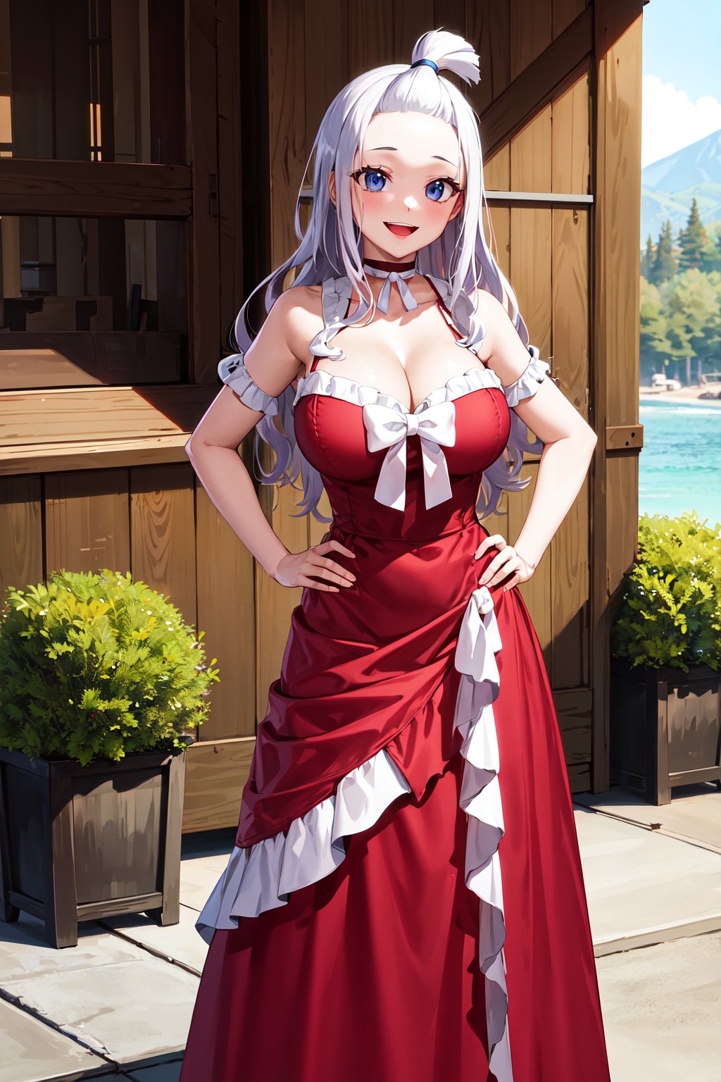 masterpiece, best quality, highres, aamira, long hair, bangs pinned back, topknot, forehead, choker, bare shoulder, cleavage, red dress, frilled dress, bow, sleeveless, <lora:mirajane_strauss_v1:0.7>, outdoors, smile, hand on hip, open mouth, 