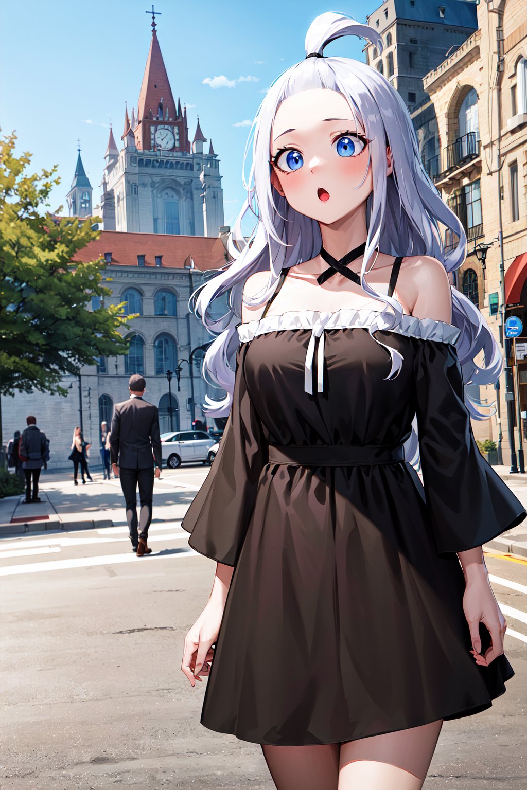 masterpiece, best quality, highres, aamira, long hair, bangs pinned back, topknot, forehead, black dress, off shoulder, <lora:mirajane_strauss_v1:0.7>, outdoors, street, :o