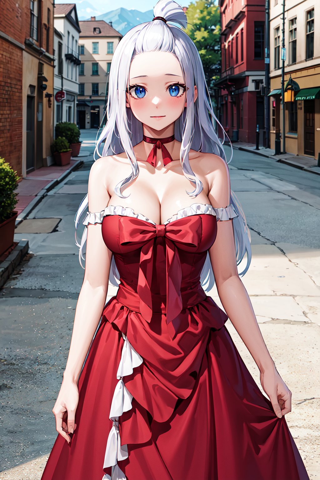 masterpiece, best quality, highres, aamira, long hair, bangs pinned back, topknot, forehead, choker, bare shoulder, cleavage, red dress, frilled dress, bow, sleeveless, <lora:mirajane_strauss_v1:0.7>, cowboy shot, standing, outdoors, looking at viewer, town