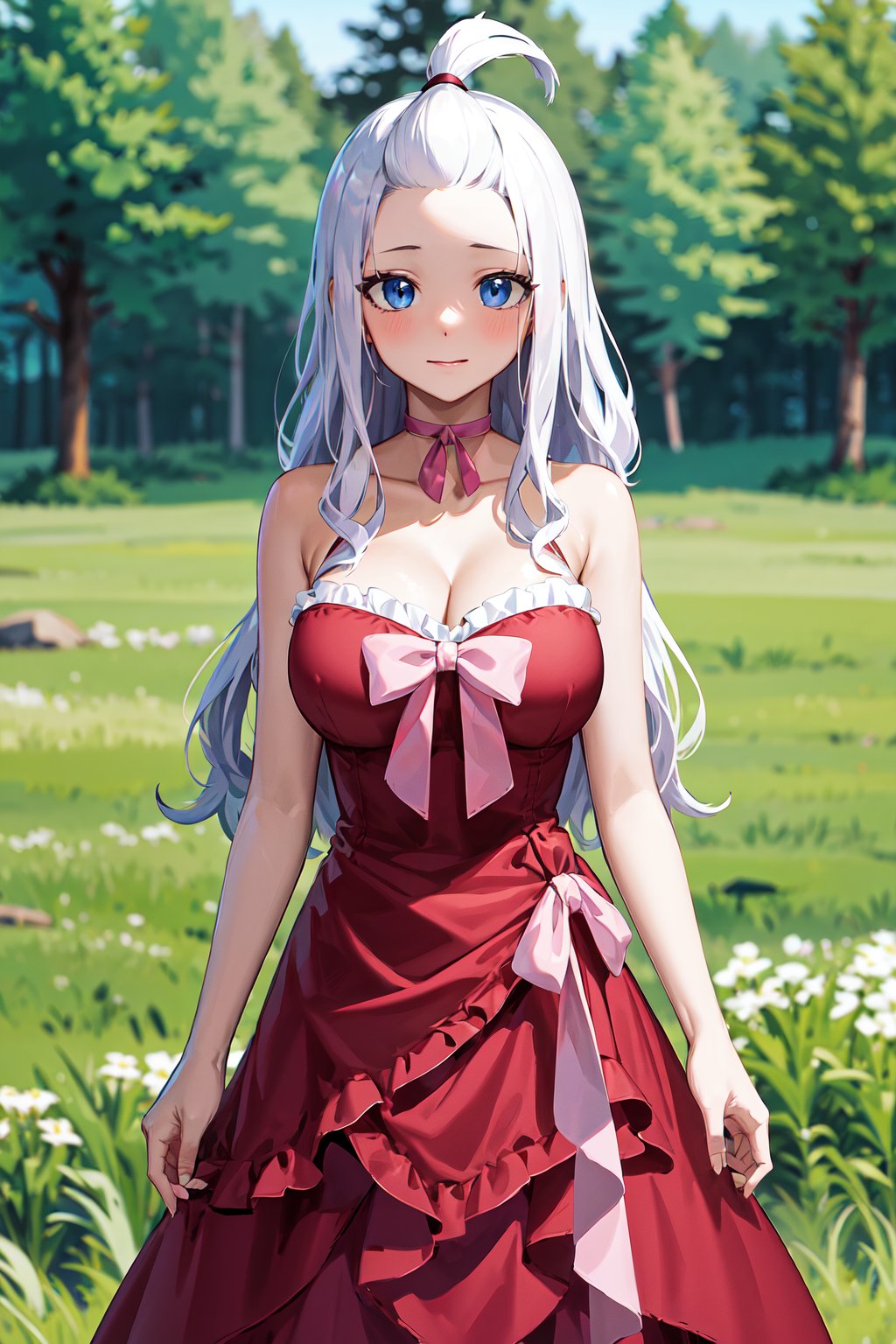 masterpiece, best quality, highres, aamira, long hair, bangs pinned back, topknot, forehead, choker, bare shoulder, cleavage, red dress, frilled dress, bow, sleeveless, <lora:mirajane_strauss_v1:0.7>, cowboy shot, standing, outdoors, field, outdoors, looking at viewer, 