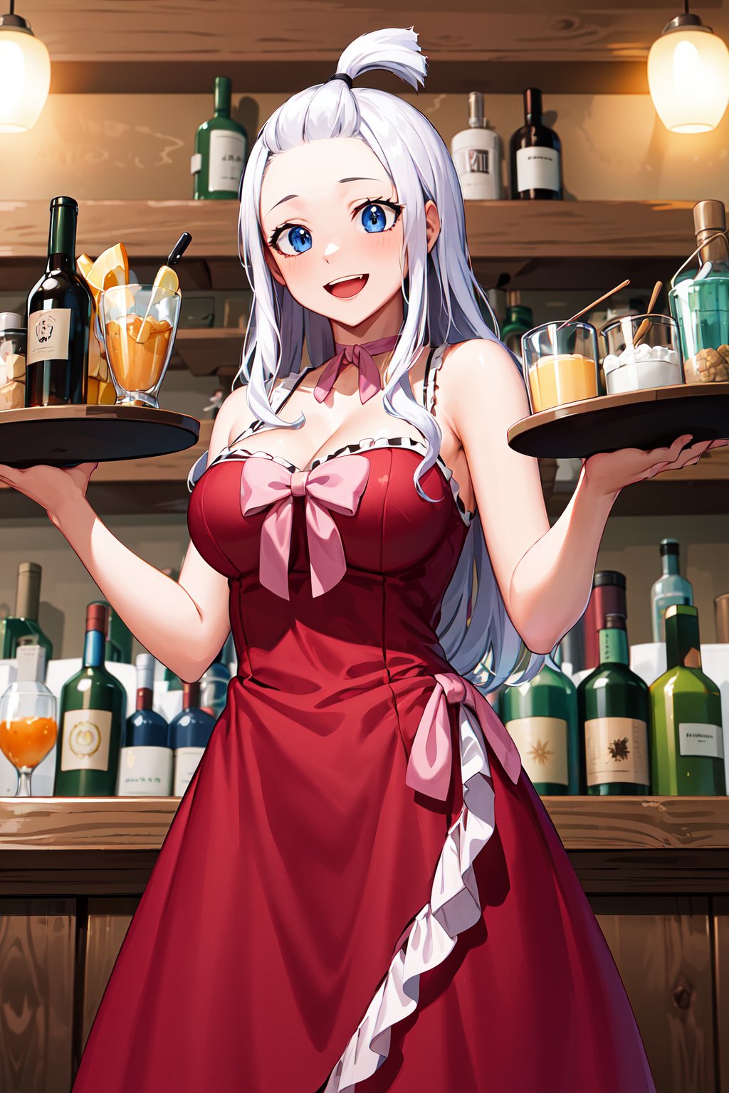 masterpiece, best quality, highres, aamira, long hair, bangs pinned back, topknot, forehead, choker, bare shoulder, cleavage, red dress, frilled dress, bow, sleeveless, <lora:mirajane_strauss_v1:0.7>, cowboy shot, standing, indoor, bar, smile, open mouth, holding tray, food