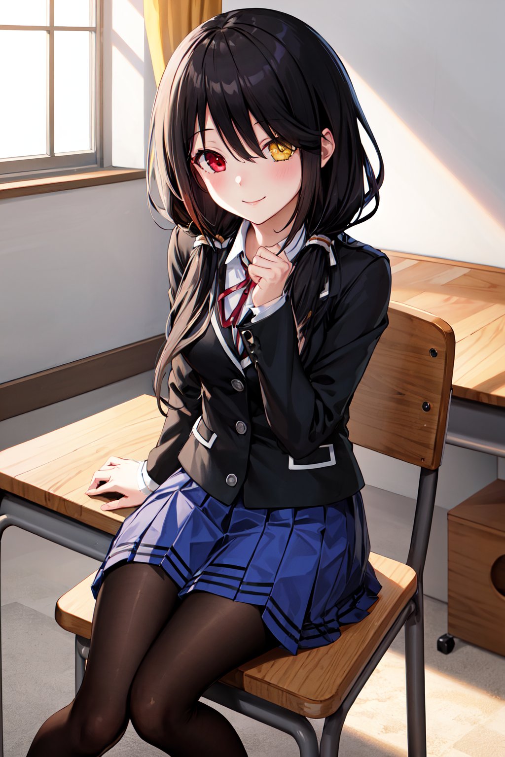 masterpiece, best quality, highres, 1girl, bbkurumi, long hair, heterochromia, low twintails, school uniform, black jacket, pleated skirt, blue skirt, black pantyhose, <lora:tokisaki_kurumi_v1:0.8>, sitting, chair, smile, class, room, looking at viewer, desk