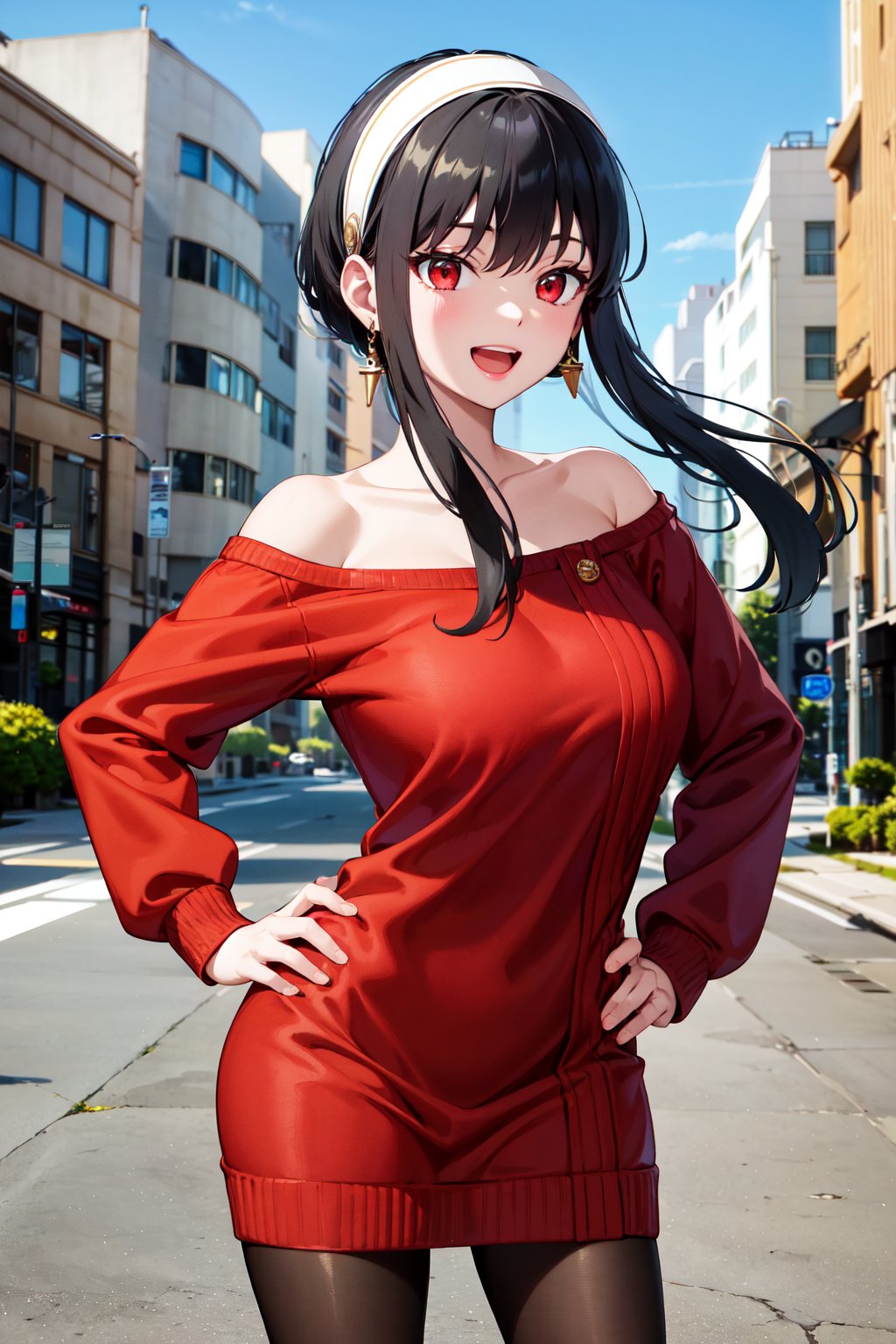 masterpiece, best quality, highres, bbyorf, short hair with long locks, white hairband, red eyes, gold earrings, large breasts, jewelry, off shoulder, red sweater, sweater dress, long sleeves, black pantyhose, <lora:yor_forger_v1:0.8>, outdoors, standing cowboy shot, smile, open mouth, hand on hip, 