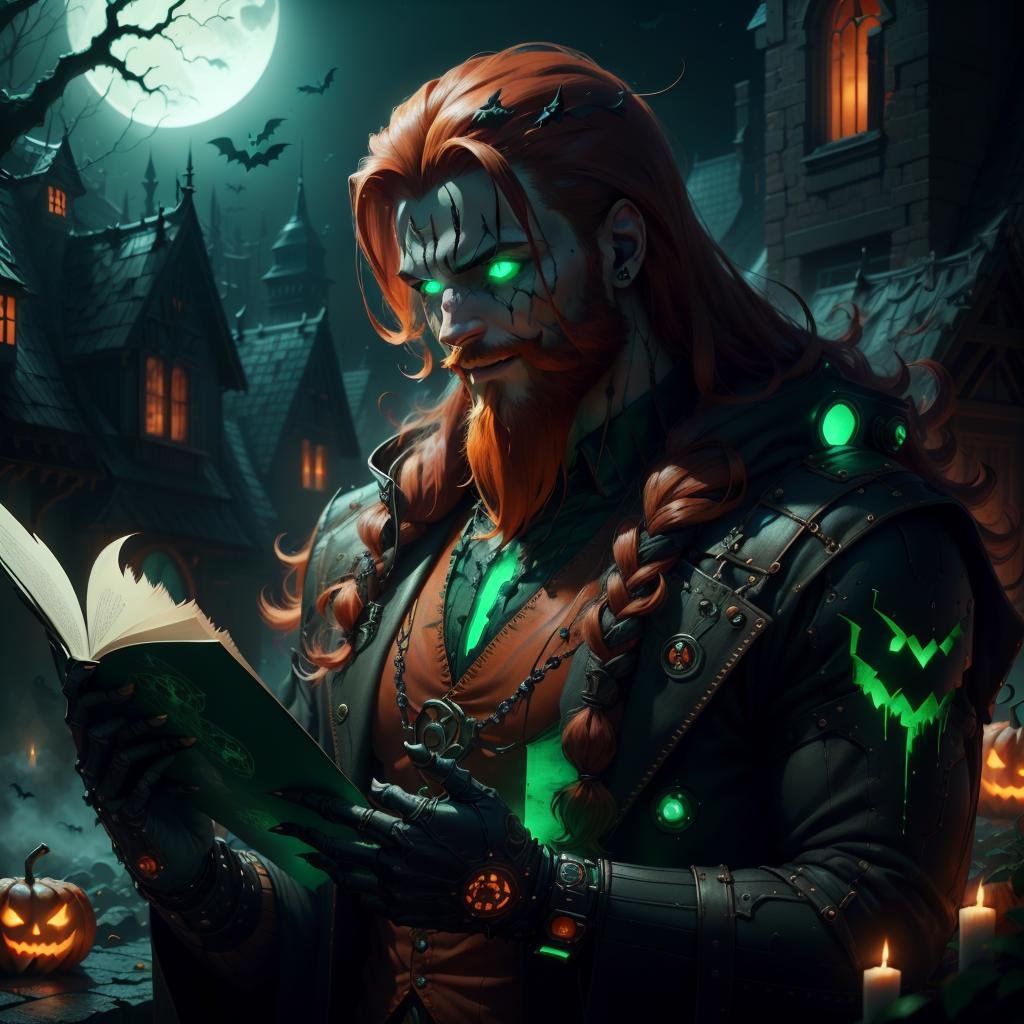 <lora:halloweenTech-20:0.8>, halloweentech , scifi,  supernatural green, spooky,scroll, 1boy,long hair, red hair, glowing eyes, smile ,closed mouth, holding scroll,beard, outdoors, 