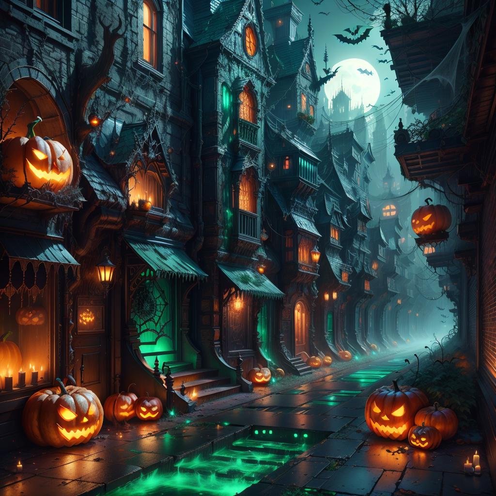 <lora:halloweenTech-20:0.8>, halloweentech , scifi,  supernatural green, spooky,city buildings , street