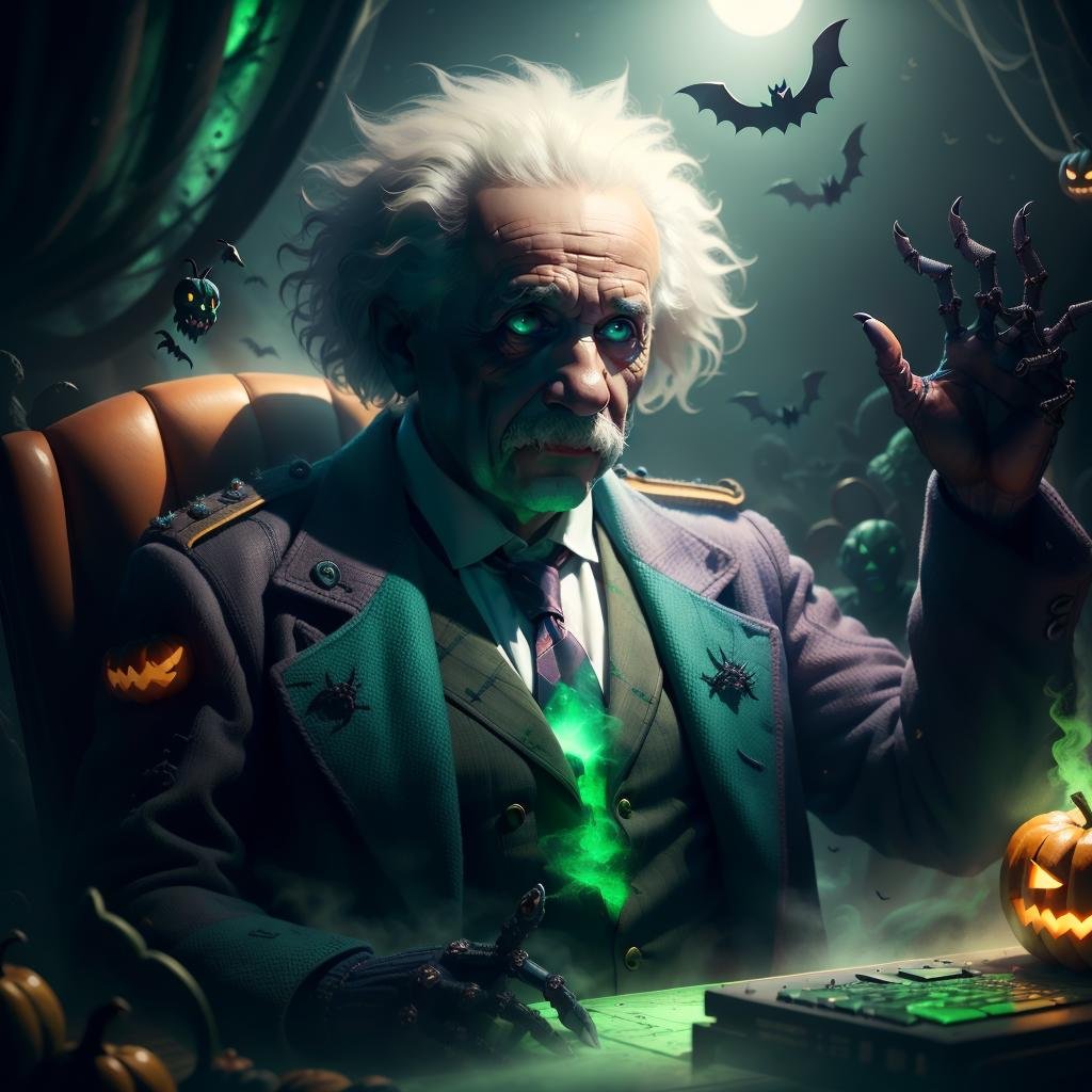 <lora:halloweenTech-20:0.8>, halloweentech , scifi,  supernatural green, spooky,man , Albert Einstein, <lora:Albert Einstein:0.8> , scientist coat,