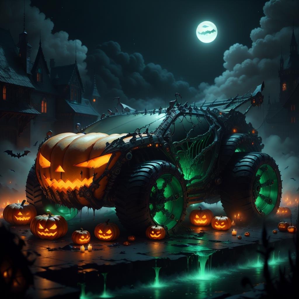 <lora:halloweenTech-20:0.8>, halloweentech , scifi,  supernatural green, spooky,ground vehicle, car