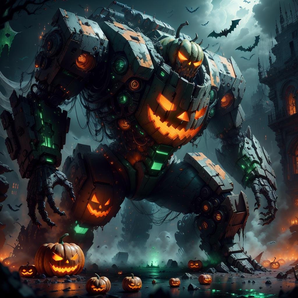 <lora:halloweenTech-20:0.8>, halloweentech , scifi,  supernatural green, spooky,colossal battle mech , destruction,