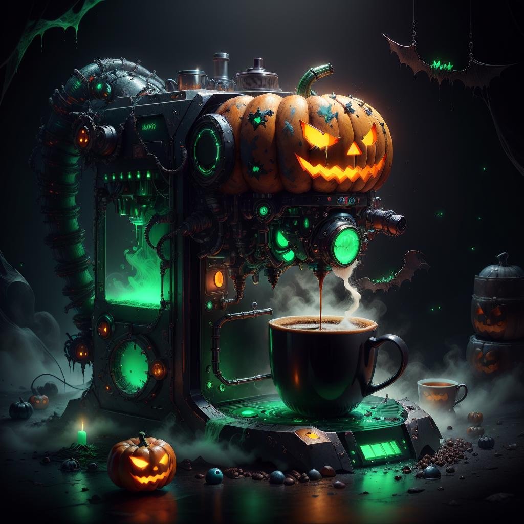 <lora:halloweenTech-20:0.8>, halloweentech , scifi,  supernatural green, spooky,coffee machine 