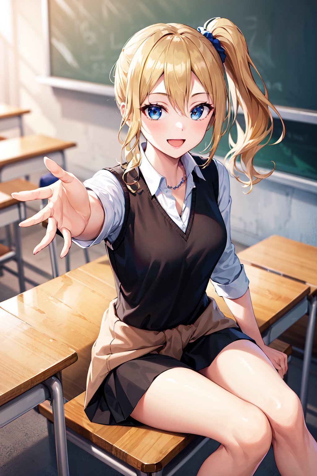 masterpiece, best quality, highres, aahayasaka, side ponytail, medium breasts, necklace, collared shirt, black vest, sleeves rolled up, clothes around waist, black skirt, <lora:hayasaka_ai_v2:0.7>, classroom, sitting, reaching out, smile, open mouth,