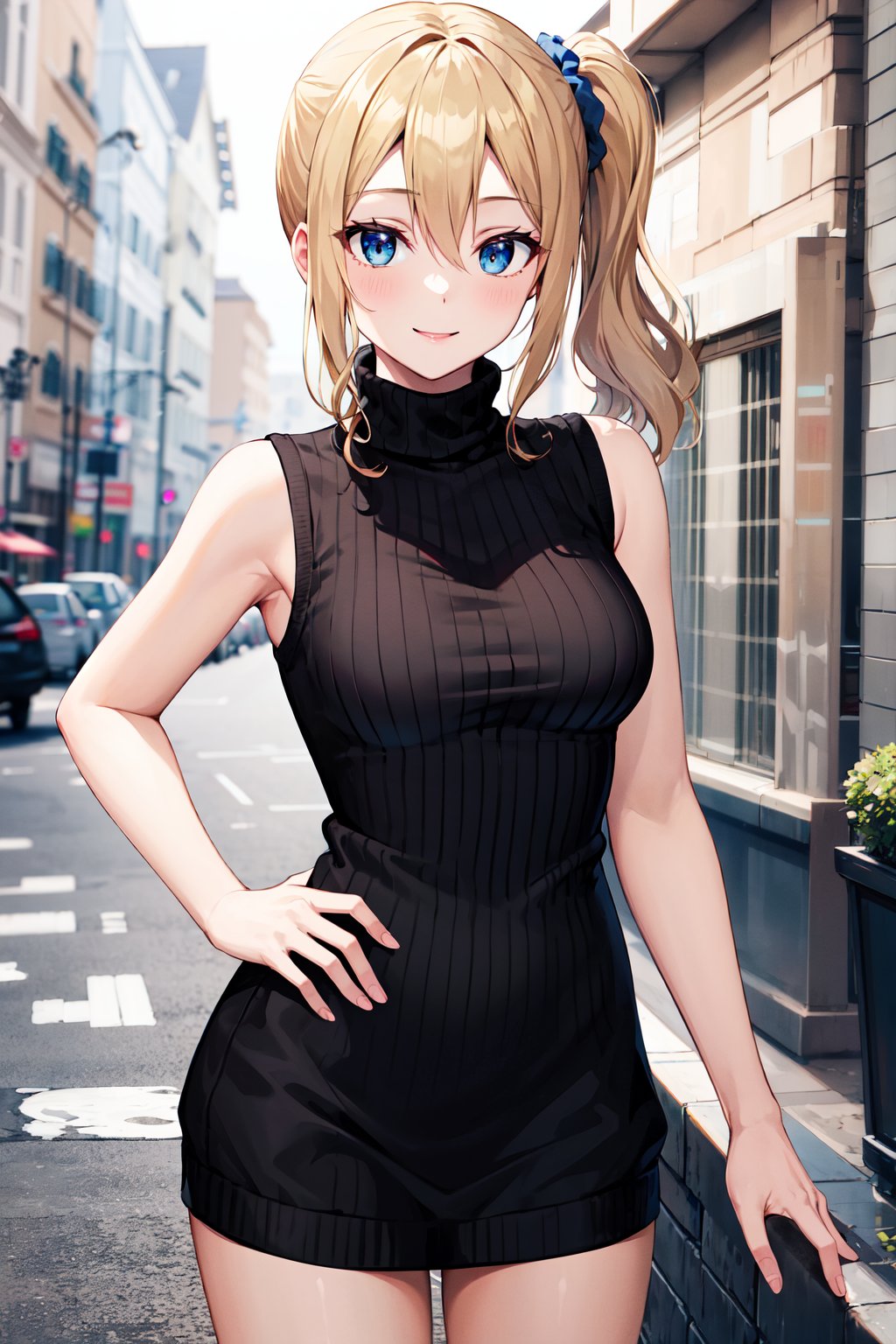 masterpiece, best quality, highres, aahayasaka, side ponytail, medium breasts, <lora:hayasaka_ai_v2:0.7>, street, sweater dress, sleeveless, turtleneck, virgin killer sweater, smile, standing, cowboy shot, 