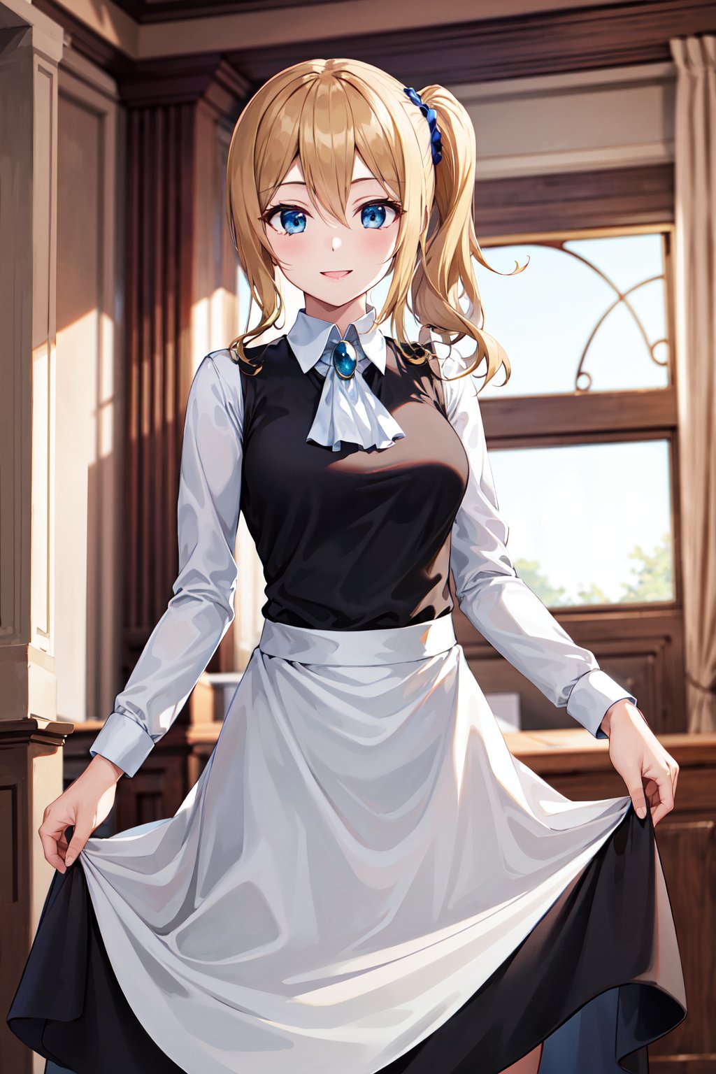 masterpiece, best quality, highres, aahayasaka, side ponytail, medium breasts, ascot, collared shirt, black vest, long sleeves, maid apron, skirt, <lora:hayasaka_ai_v2:0.7>, smile, skirt hold, indoors, standing,