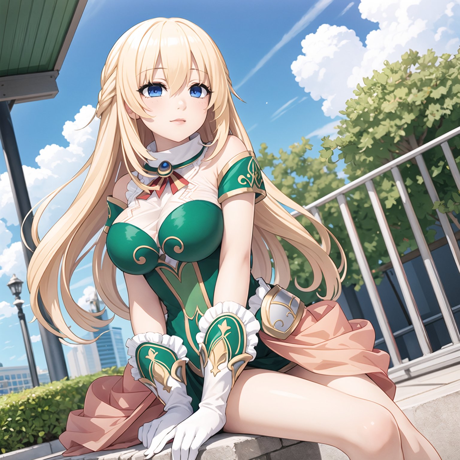 <lora:Vert_NepSer_SD15_1:1>, Vert_NepSer, Vert_Dress, vert /(neptune series/), best quality, highly detailed, 1girl, long hair, blonde hair, hair between eyes, blue eyes, large breasts, frilled gloves, dress, sitting, outdoors, park, upper body, high-angle view