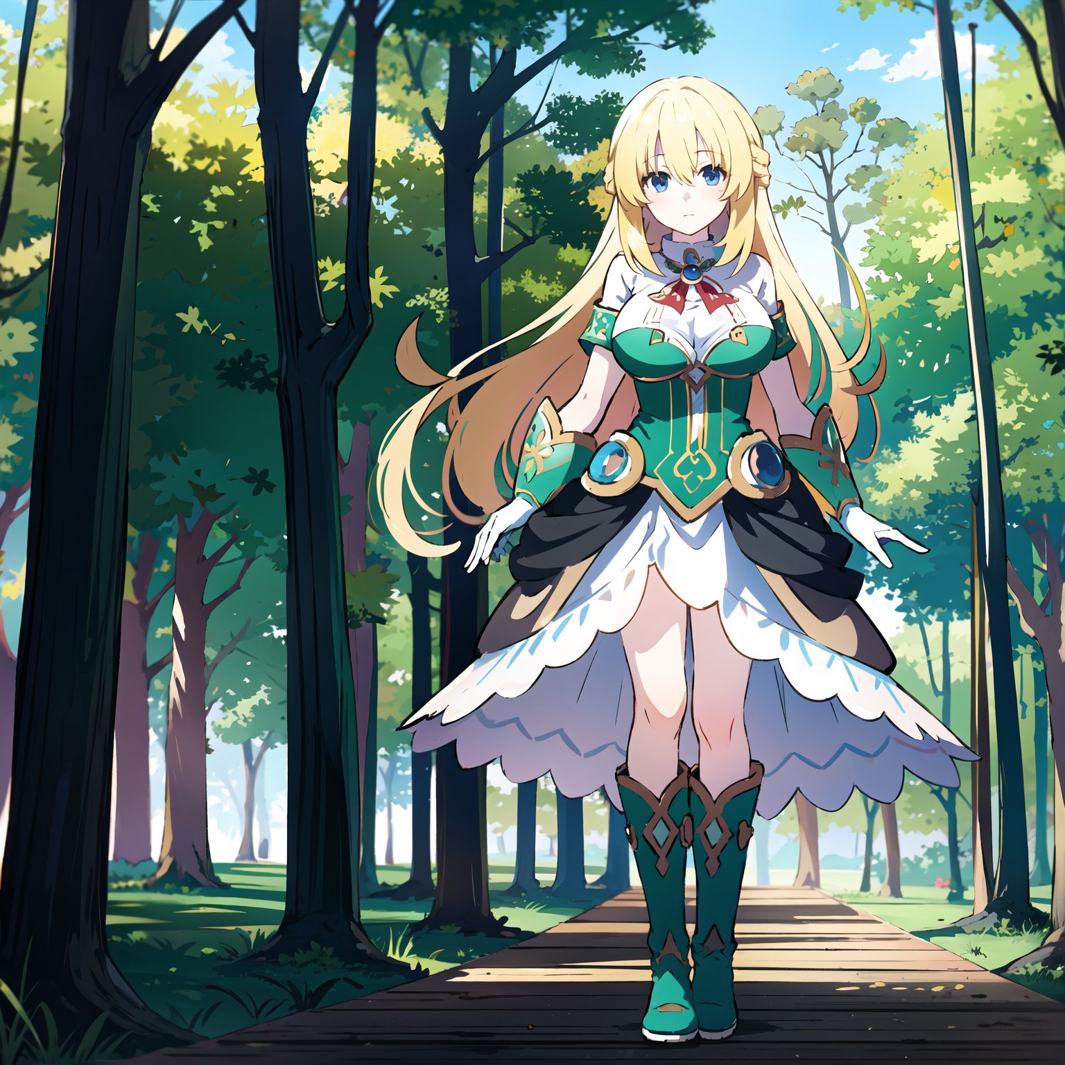 <lora:Vert_NepSer_SD15_1:0.8>, Vert_NepSer, Vert_Dress, vert /(neptune series/), best quality, highly detailed, 1girl, long hair, blonde hair, hair between eyes, blue eyes, large breasts, frilled gloves, dress, boots, standing, (forest:1.2), fantasy, jungle, 