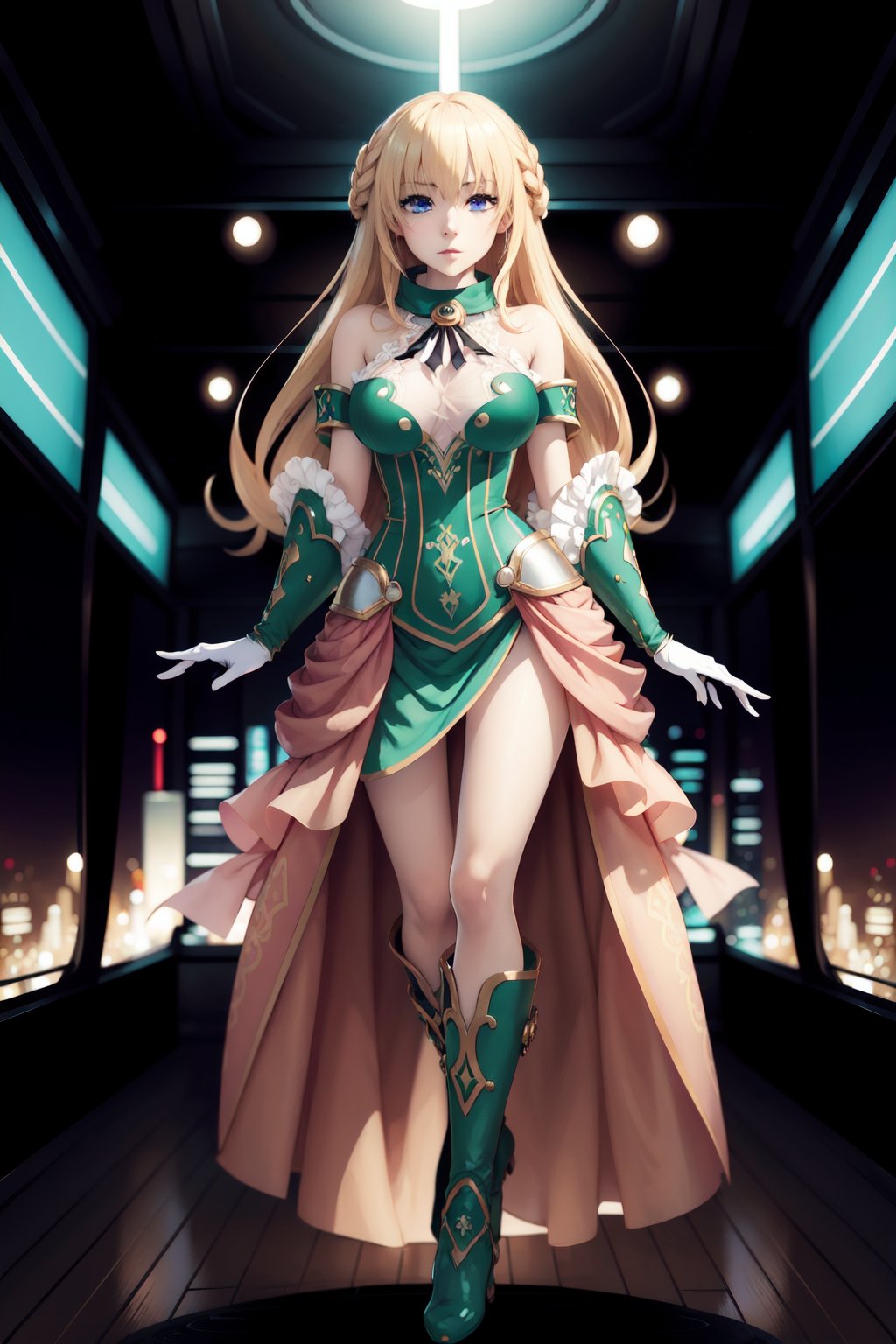 <lora:Vert_NepSer_SD15_1:1>, Vert_NepSer, Vert_Dress, vert /(neptune series/), best quality, highly detailed, 1girl, long hair, blonde hair, hair between eyes, blue eyes, large breasts, frilled gloves, dress, boots, standing, sexy pose, (cyberspace:0.5), futuristic (city:1.2), future,