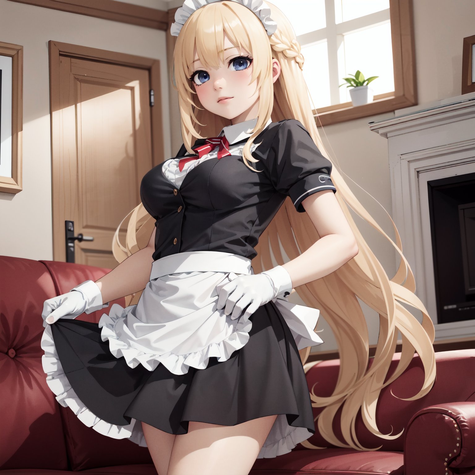 best quality, highly detailed, detailed background, female, 1girl, <lora:Vert_NepSer_SD15_15_0:0.7>, VertNormal, blonde hair, very long hair, maid uniform, skirt, worker gloves, indoors, living room, dusty, standing