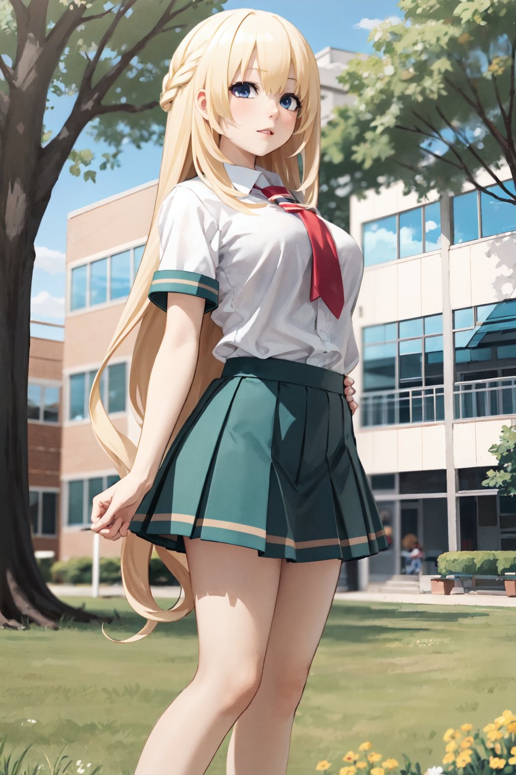 best quality, highly detailed, detailed background, female, <lora:Vert_NepSer_SD15_15_0:1.0>, VertNormal, blonde hair, very long hair, school uniform, outfit, shirt, skirt, school yard, outside, field